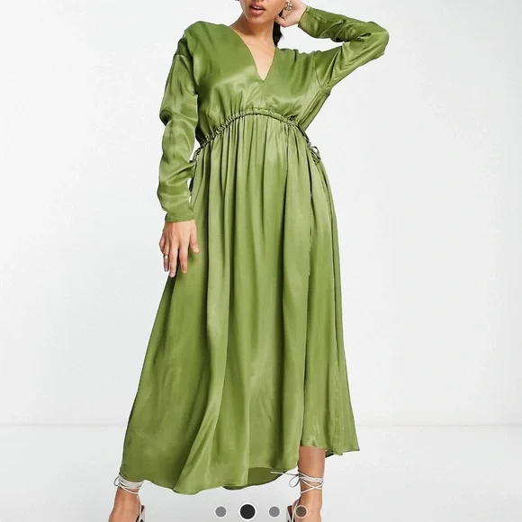 ASOS | Dresses | Nwt Asos Edition Satin V Neck Midi Dress With Drawstring  In Olive Green | Poshmark